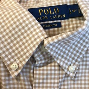 Polo Ralph Lauren like new classic fit short sleeve khaki gingham check L 16.5